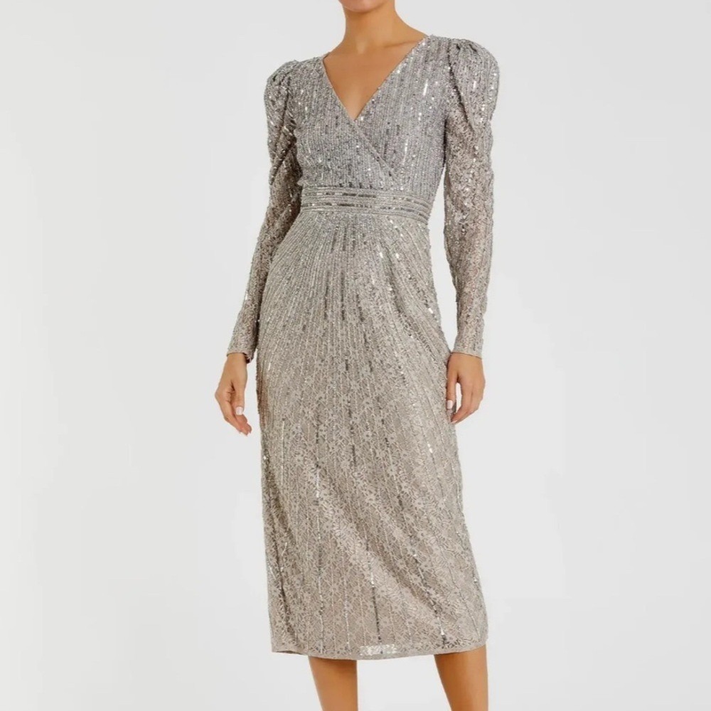 Mac Duggal Silver Sequin Midi Dress